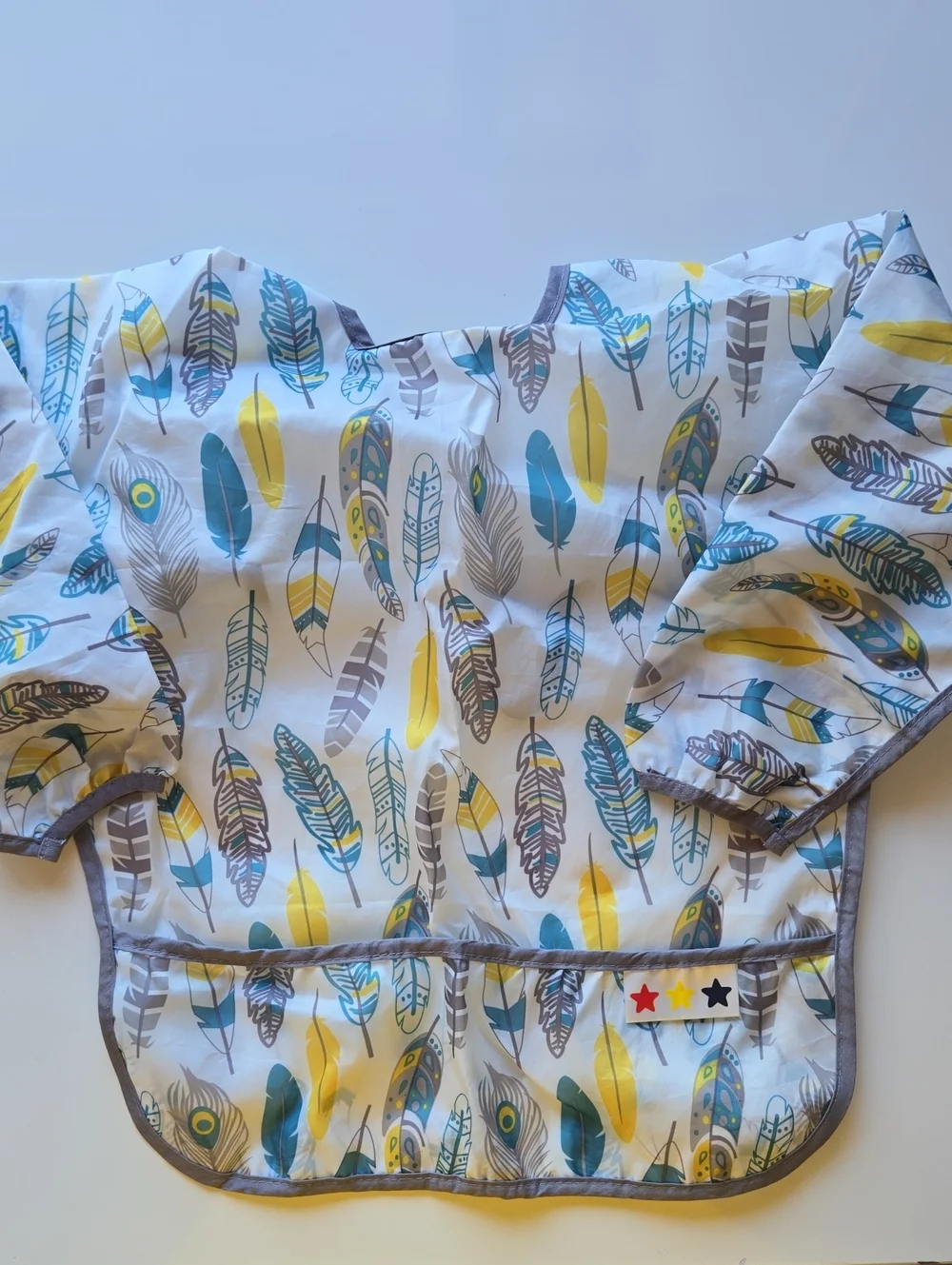 Feather Print Long Sleeve Baby Bib - Yellow Teal Gray